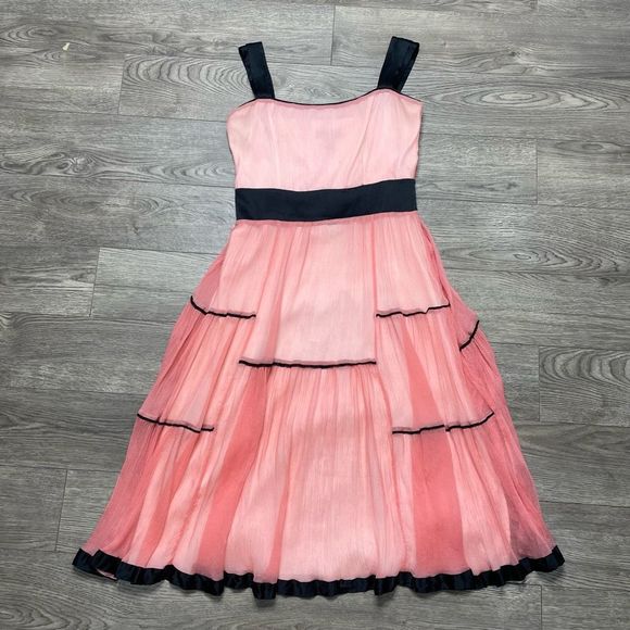 BEBE Pink Black Silk Dress Ruffle Sheer Formal Size 6 Small Midi Length - Picture 1 of 11